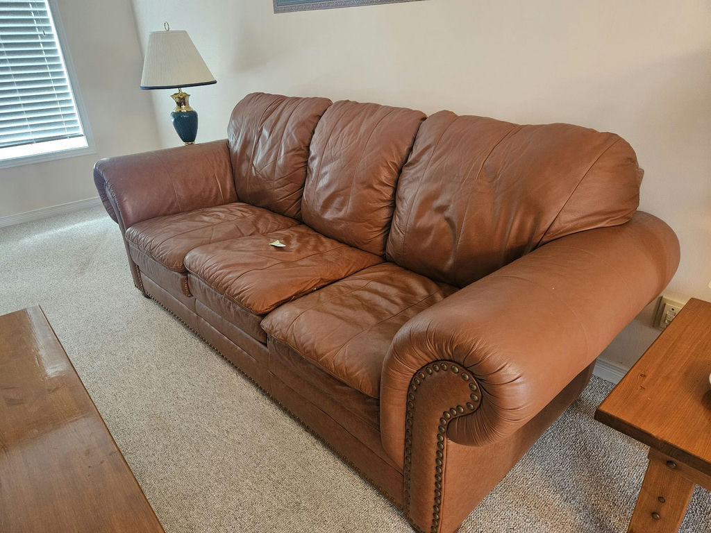 Brown leather sofa and 2 chairs with nailhead trim - image 5 of 12