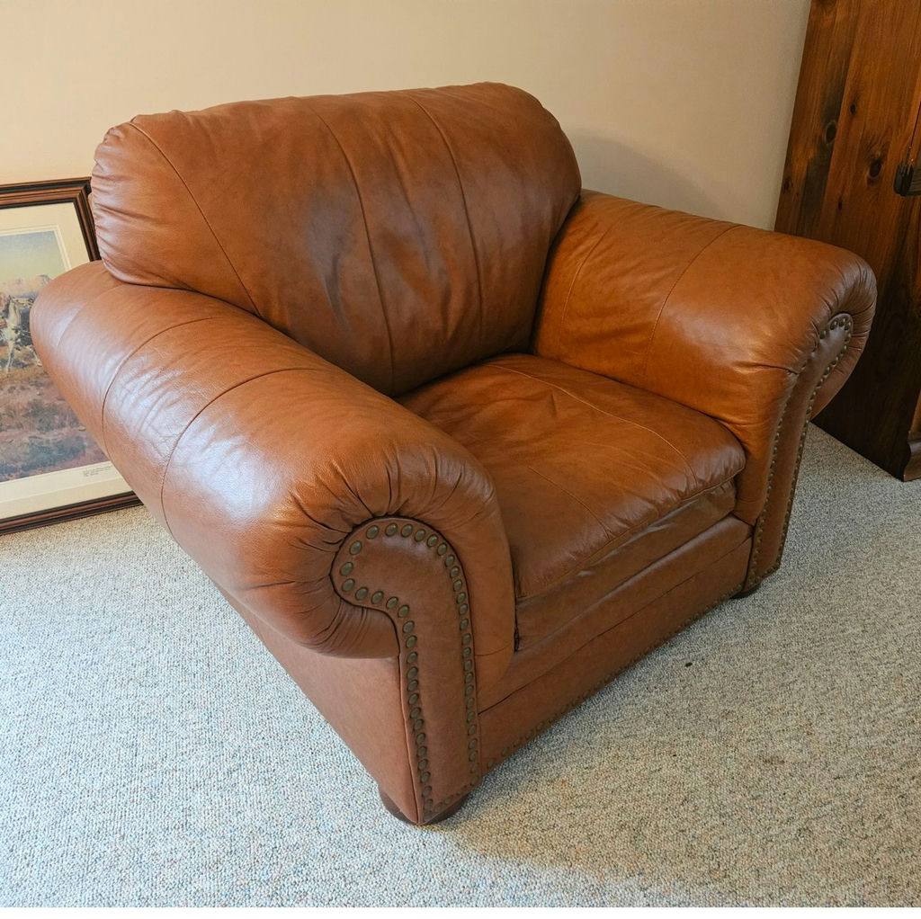 Brown leather sofa and 2 chairs with nailhead trim - image 7 of 12