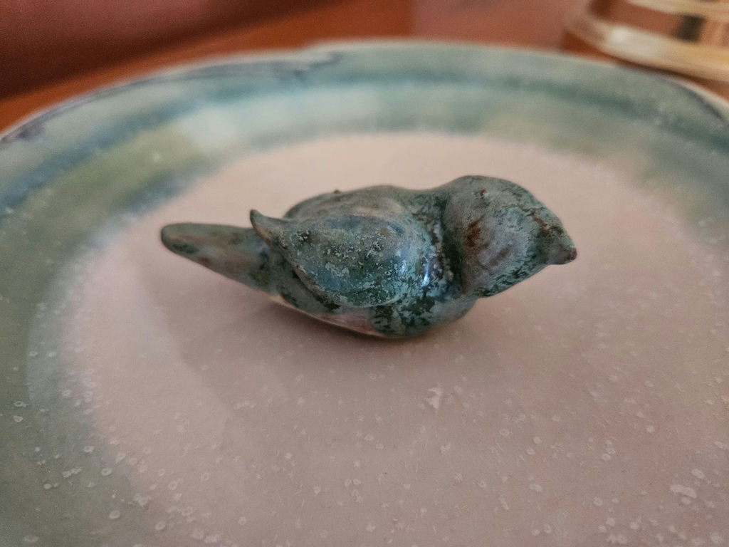 Blue-green glazed ceramic plate with small bird sculpture - image 3 of 8