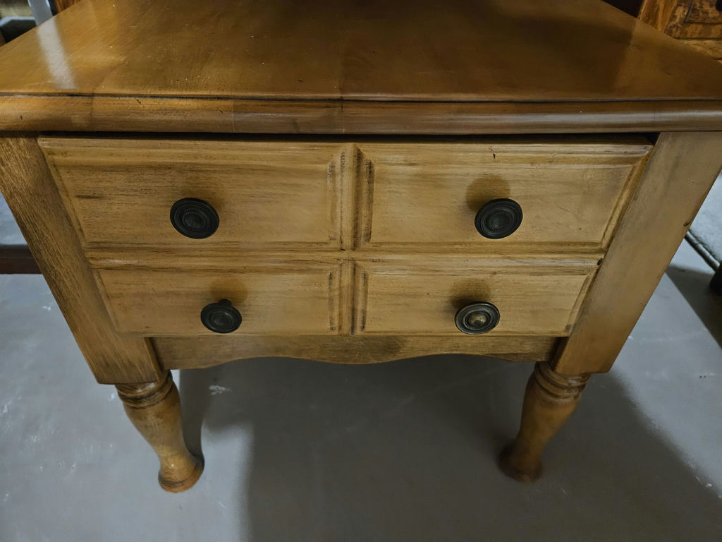 Assorted furniture pieces: white glass-top display tables, a console table, and a wooden dresser - image 10 of 16