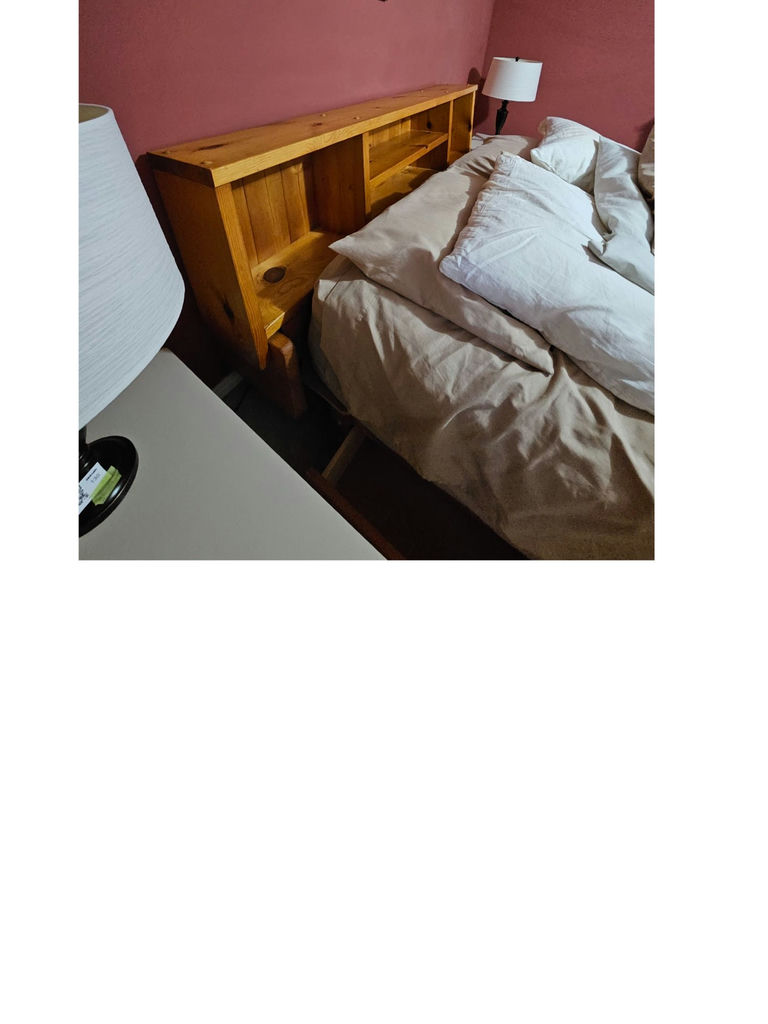 Wooden platform bed with built-in storage and headboard shelves - image 9 of 11