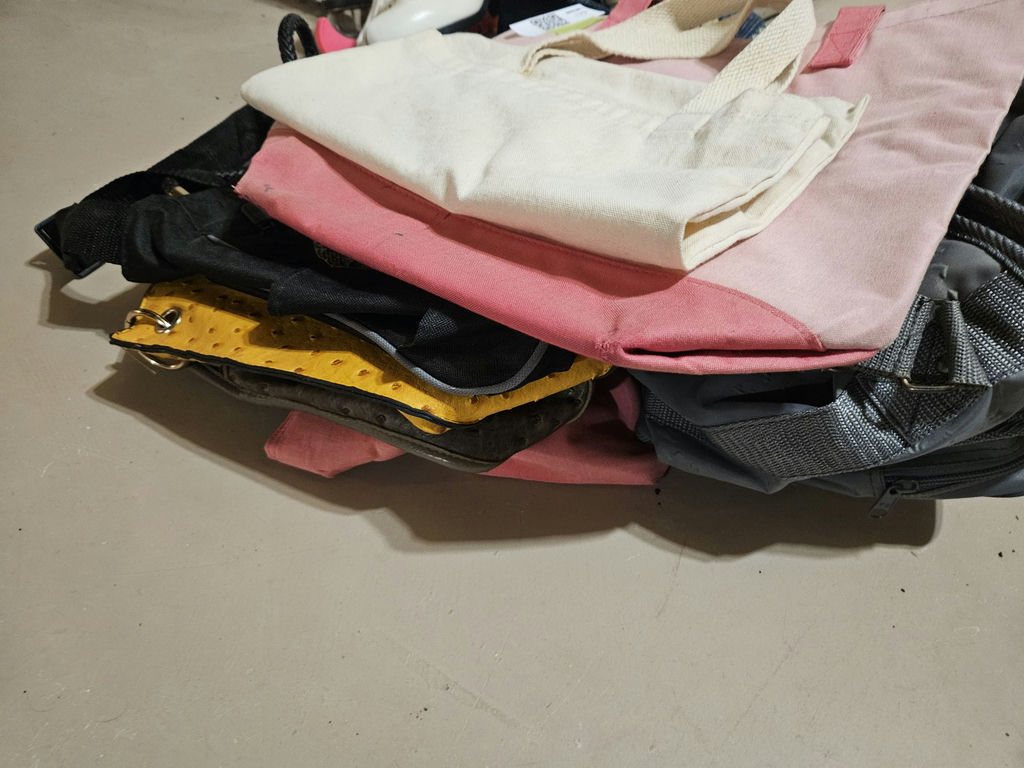 Assorted bags and white figure skates and (curling?) shoes - image 2 of 8