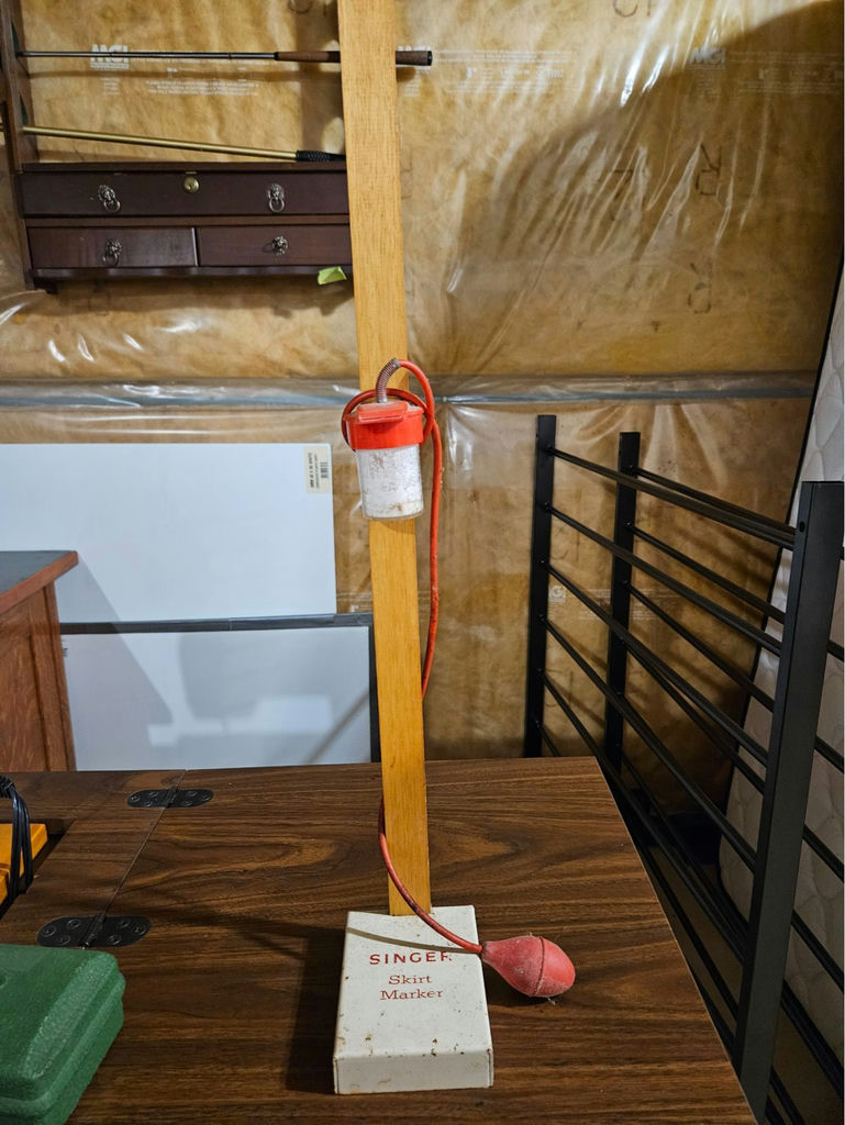 Sewing machine in Mid Century Modernwooden cabinet with sewing supplies - image 10 of 11