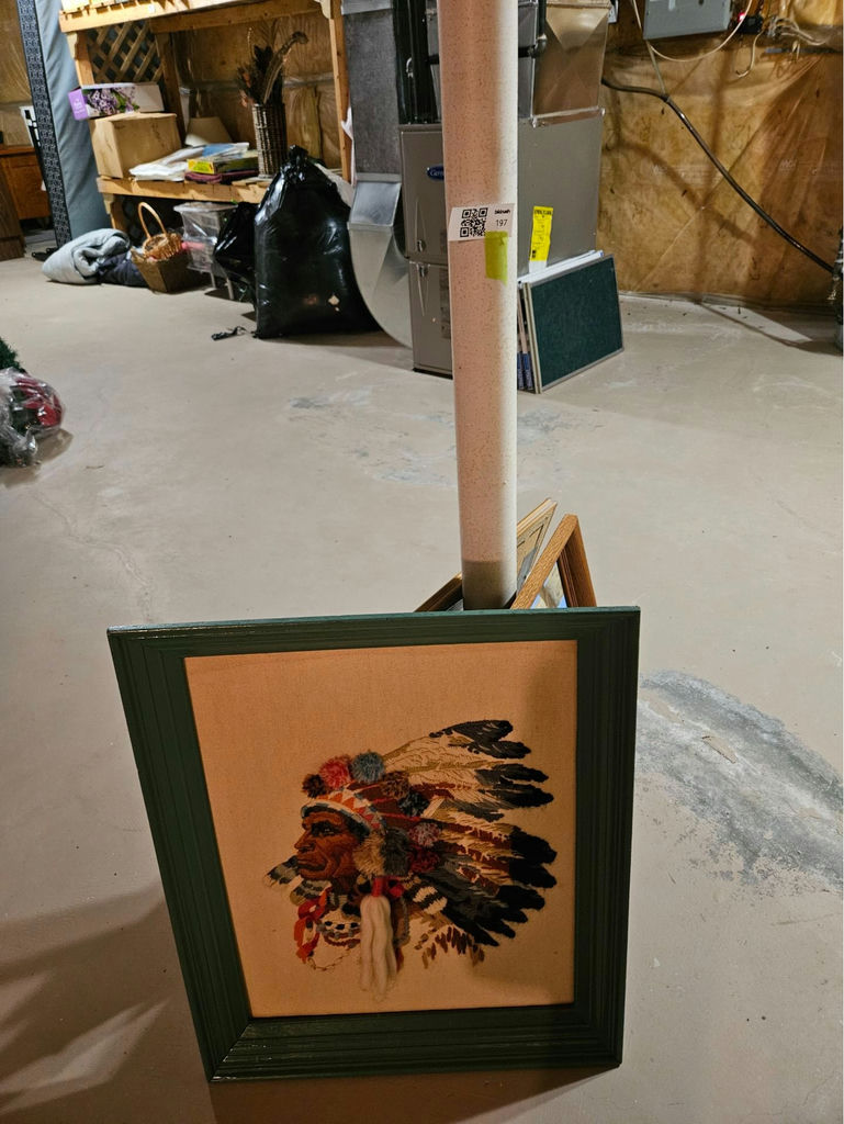 Framed artworks: Native American headdress textile, lantern rope scene, blue-town scene - image 1 of 5