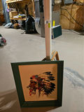 Framed artworks: Native American headdress textile, lantern rope scene, blue-town scene - thumbnail 1 of 5