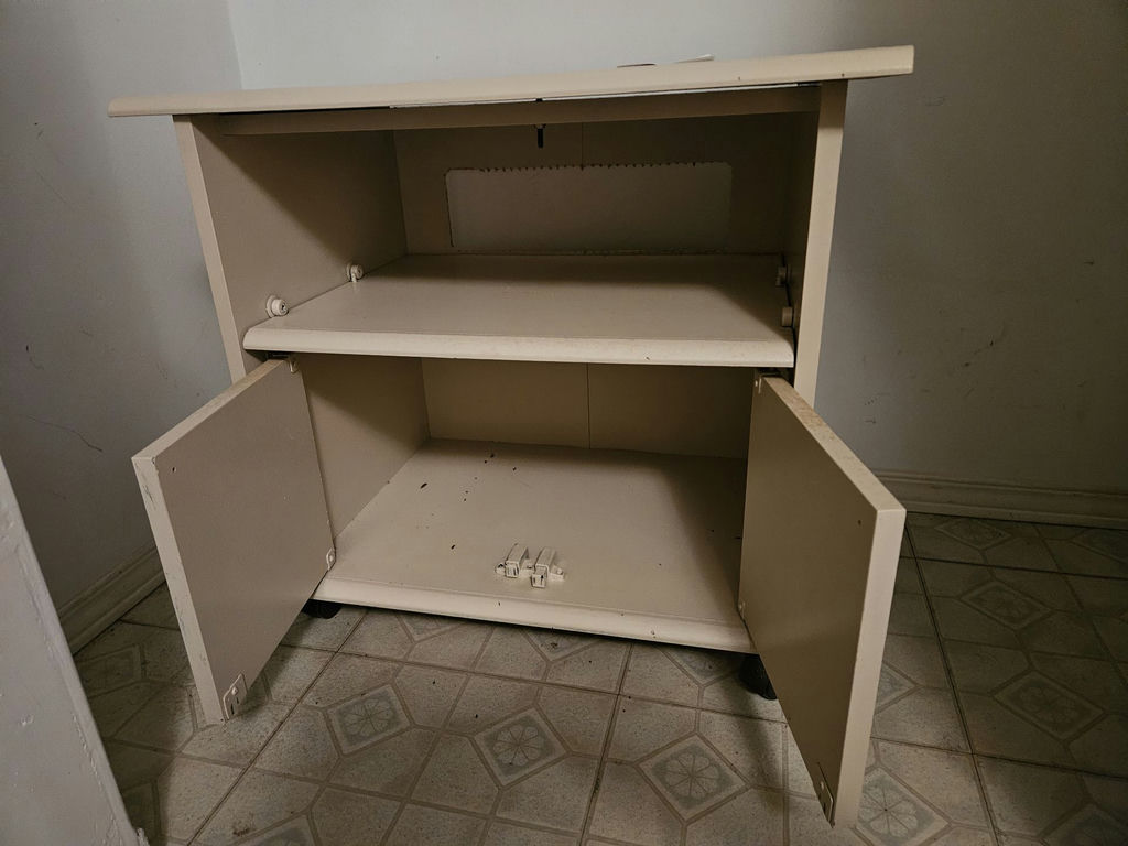 Beige freestanding cabinet with open shelf and double doors - image 6 of 6