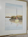 Watercolor sailboat scene in gold frame - thumbnail 1 of 6