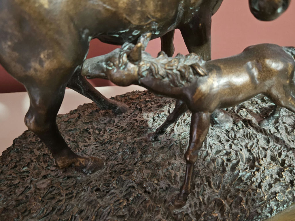 Bronze mare and foal sculpture on rocky base - image 2 of 6