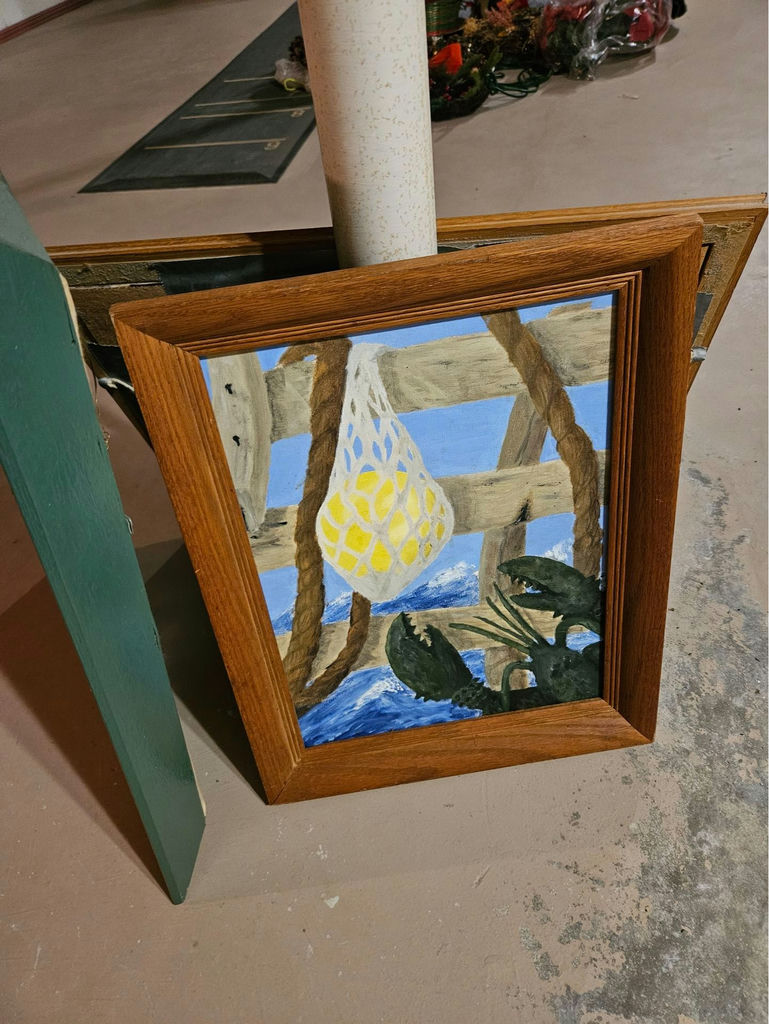 Framed artworks: Native American headdress textile, lantern rope scene, blue-town scene - image 3 of 5