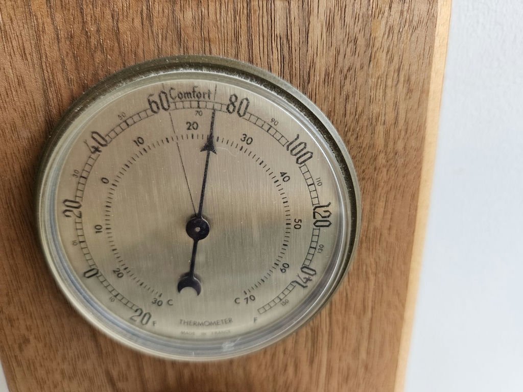 Wooden wall-mounted weather station with thermometer and barometer - image 3 of 6