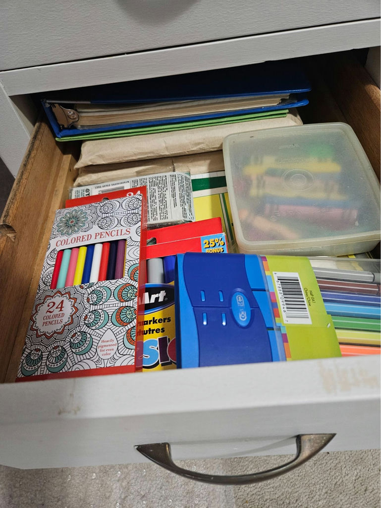 Painted white desk with drawers and mixed office/craft supplies - image 8 of 12