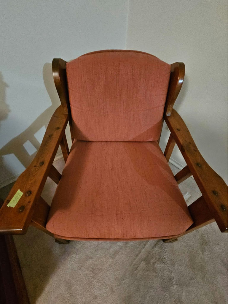 Vintage wooden-framed sofa with coral upholstery and matching armchair - image 8 of 13