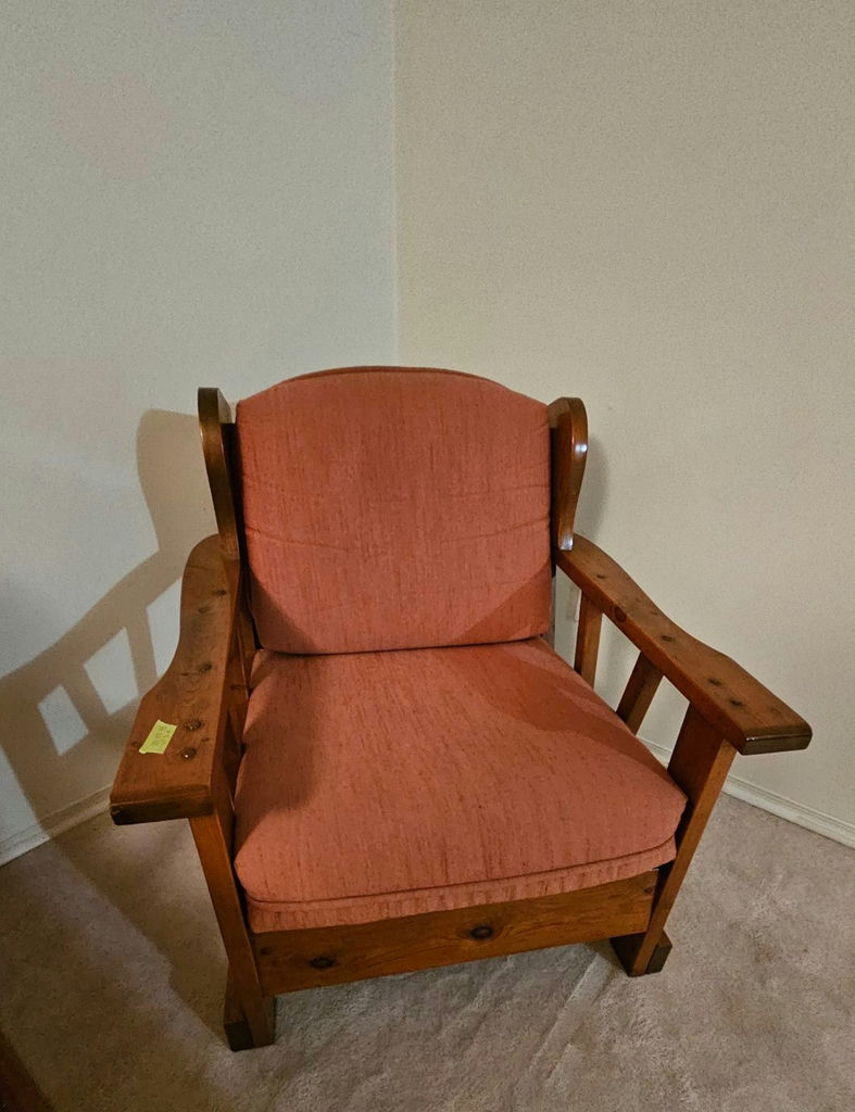 Vintage wooden-framed sofa with coral upholstery and matching armchair - image 9 of 13