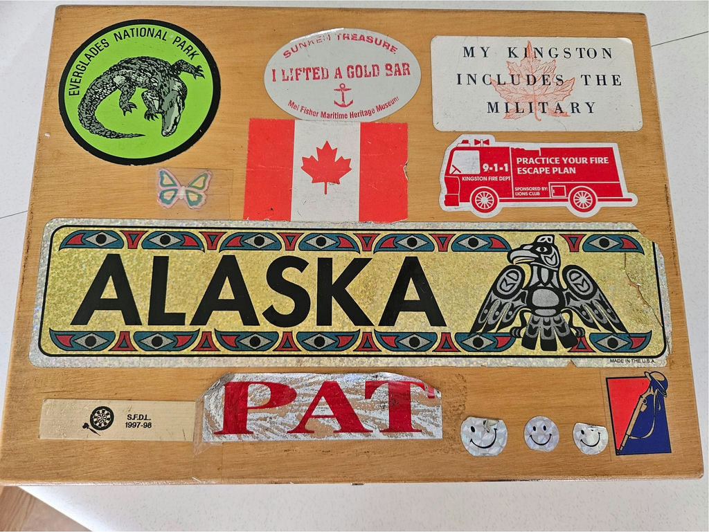 Sticker-covered wooden storage box - image 2 of 6