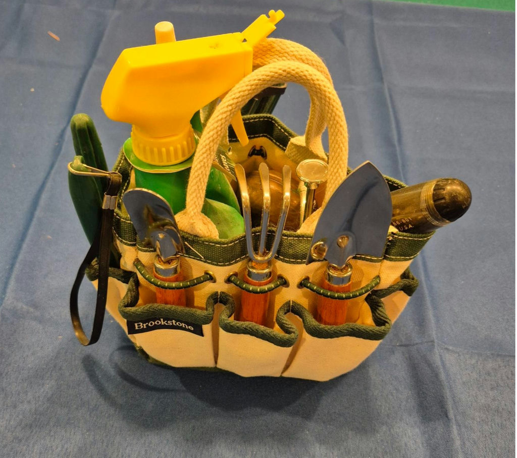 Brookstone white gardening tool bag with wooden-handled tools - image 1 of 3