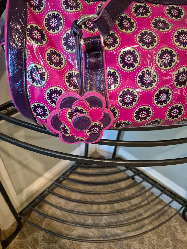 Vera Bradley pink patterned handbag with purple trim and flower charm - image 2 of 5