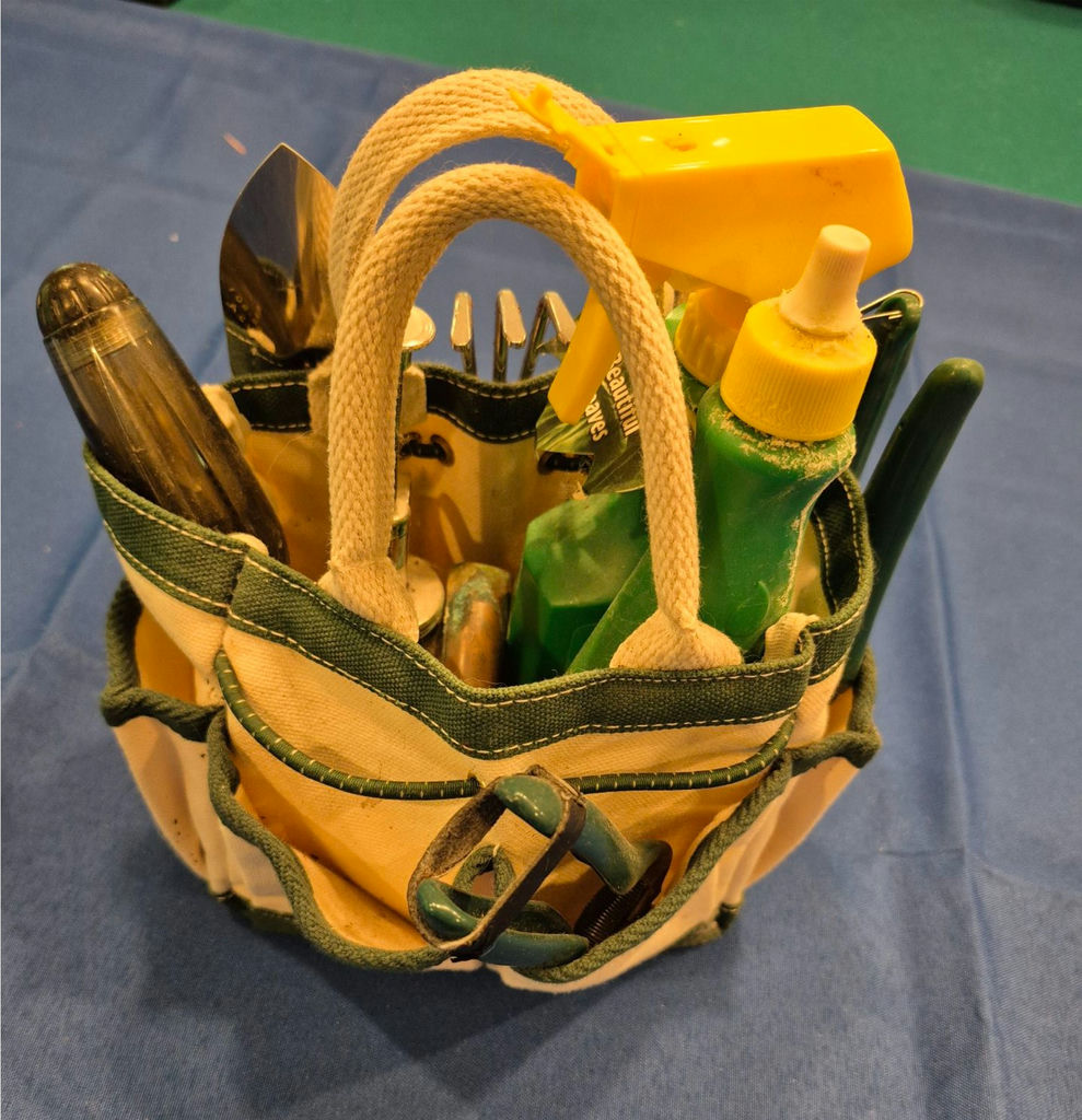 Brookstone white gardening tool bag with wooden-handled tools - image 2 of 3