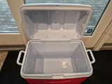 Red Rubbermaid Cooler with White Lid and Cup Holders - thumbnail 3 of 3