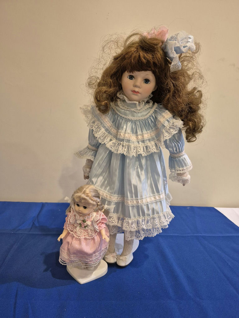 Two Porcelain Doll And Small Plastic Doll in Lace Dresses - image 1 of 3