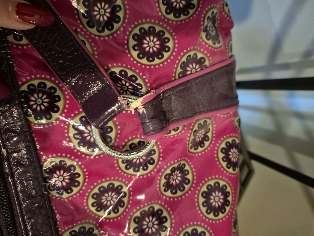 Vera Bradley pink patterned handbag with purple trim and flower charm - image 4 of 5
