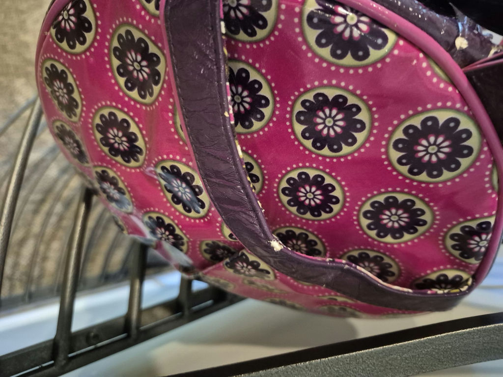 Vera Bradley pink patterned handbag with purple trim and flower charm - image 3 of 5