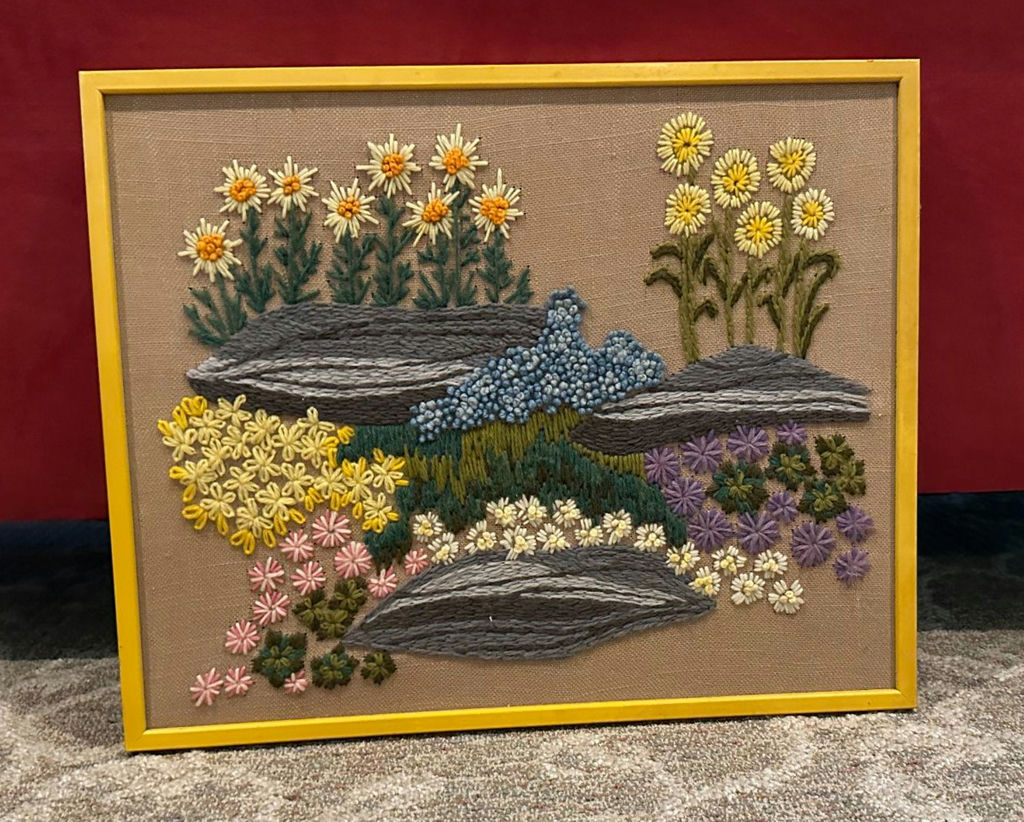 Framed floral needle point art - image 1 of 2