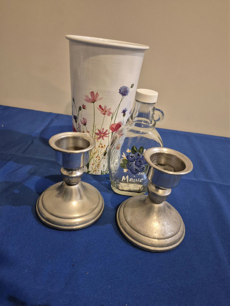 Floral Vase, Glass Maine Bottle, and Pair of Metal Candlesticks - image 1 of 2