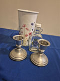 Floral Vase, Glass Maine Bottle, and Pair of Metal Candlesticks - thumbnail 1 of 2