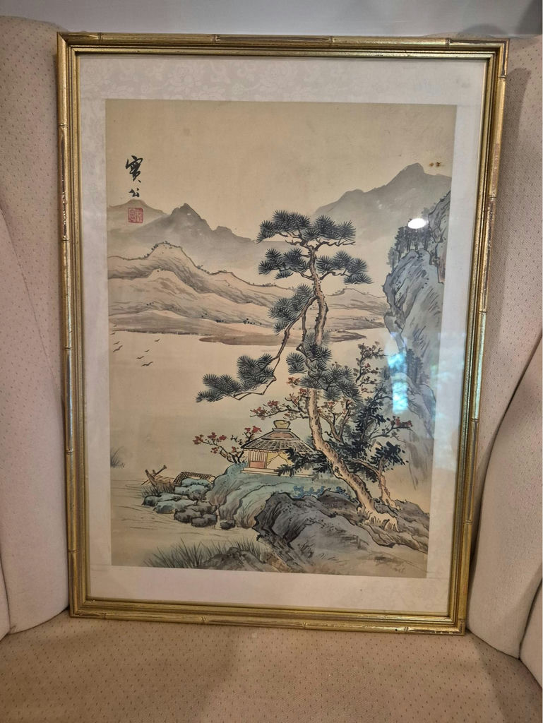 Pair of Framed Chinese Paintings: Bird and Landscape - image 2 of 4