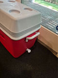 Red Rubbermaid Cooler with White Lid and Cup Holders - thumbnail 2 of 3