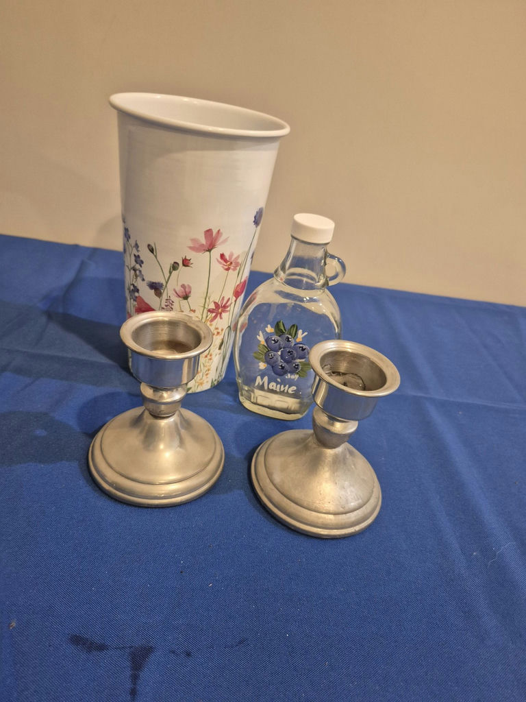 Floral Vase, Glass Maine Bottle, and Pair of Metal Candlesticks - image 2 of 2