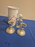 Floral Vase, Glass Maine Bottle, and Pair of Metal Candlesticks - thumbnail 2 of 2