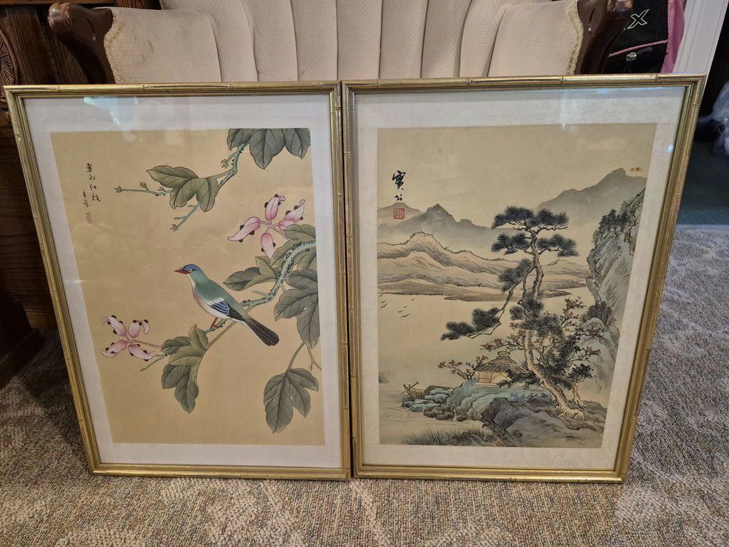 Pair of Framed Chinese Paintings: Bird and Landscape - image 1 of 4