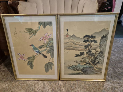 Pair of Framed Chinese Paintings: Bird and Landscape - Image 1 of 4