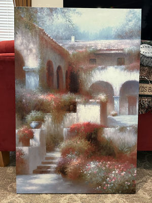 Canvas painting of a Mediterranean courtyard - Image 1 of 3