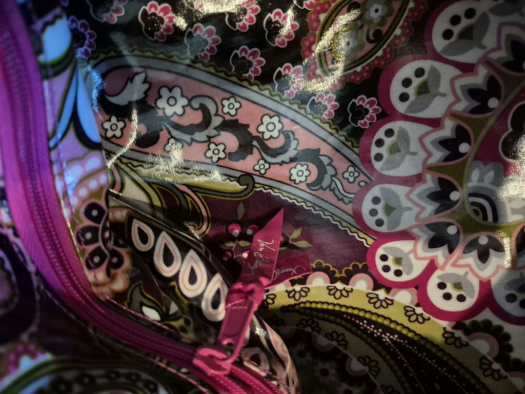 Vera Bradley pink patterned handbag with purple trim and flower charm - image 5 of 5