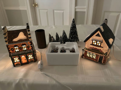 Heritage Village Christmas Scene: Lit Houses, Snowy Trees, and Carolers - Image 1 of 6