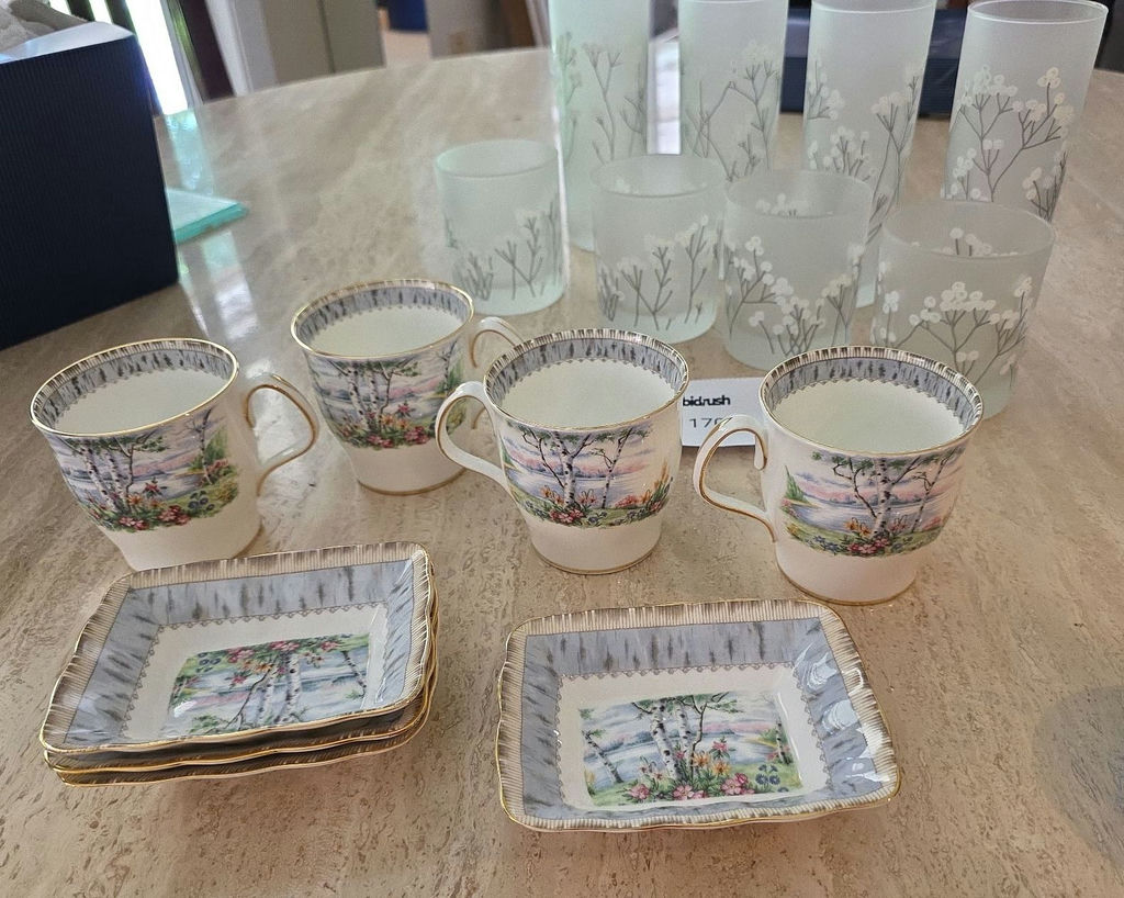 Royal Albert Silver Birch Bone China 4 Mugs, 4 Dishes; Plus 4 Old-Fashioned, 4 Highball Drinks Glasses - image 1 of 6
