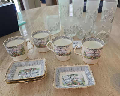 Royal Albert Silver Birch Bone China 4 Mugs, 4 Dishes; Plus 4 Old-Fashioned, 4 Highball Drinks Glasses - Image 1 of 6
