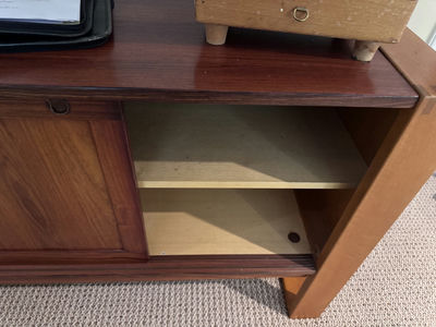 Wooden mid-century sideboard with glass display panel and open shelves - Image 1 of 3