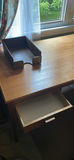 Wooden office desk with built-in drawers, matching cabinet, monitor, lamp, and filing cabinet - thumbnail 2 of 11