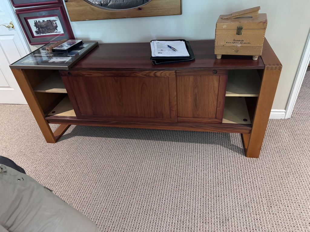 Wooden mid-century sideboard with glass display panel and open shelves - image 3 of 3