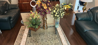Marble-top coffee table with glass inset and ornate wrought-iron base - Image 1 of 5