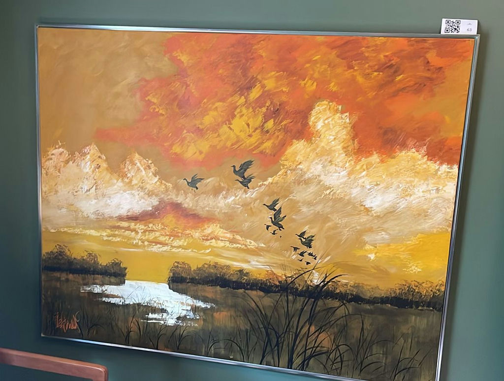 Framed Landscape Painting with Birds - image 1 of 2