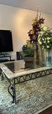 Marble-top coffee table with glass inset and ornate wrought-iron base - thumbnail 4 of 5