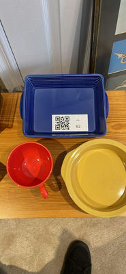 Blue ceramic nesting baking dishes with red mug and yellow plate - Image 1 of 4