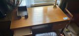 Wooden office desk with built-in drawers, matching cabinet, monitor, lamp, and filing cabinet - thumbnail 4 of 11