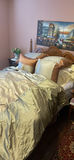 Ornate wooden bed with satin gold and taupe bedding set - thumbnail 2 of 4