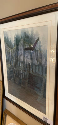 Two framed nature prints featuring an eagle in flight over rocky forest - Image 1 of 2