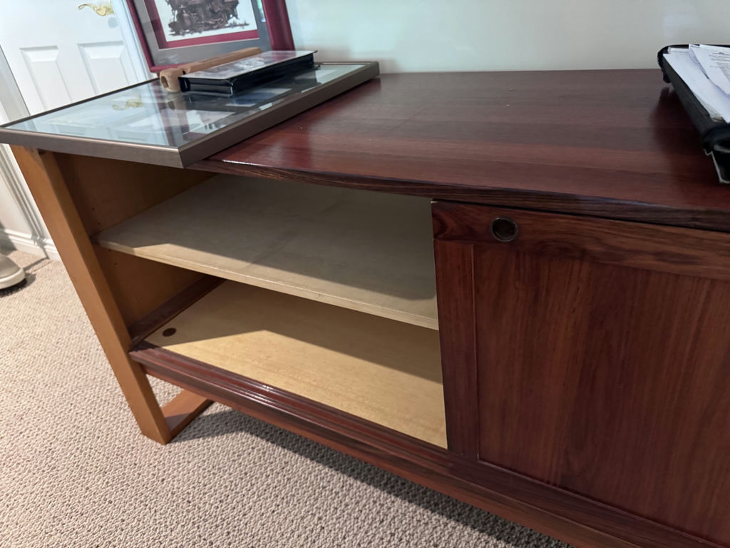 Wooden mid-century sideboard with glass display panel and open shelves - image 2 of 3